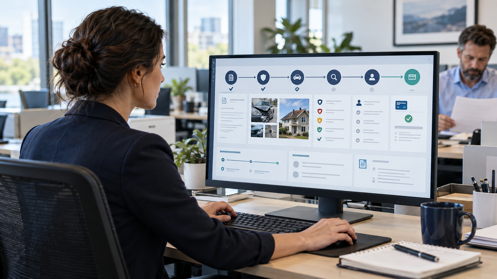 Claims specialist using insurance claims management software to review vehicle damage and claim progress from intake to settlement Claims specialist using insurance claims management software to review vehicle damage, property photos, and claim progress from intake to settlement